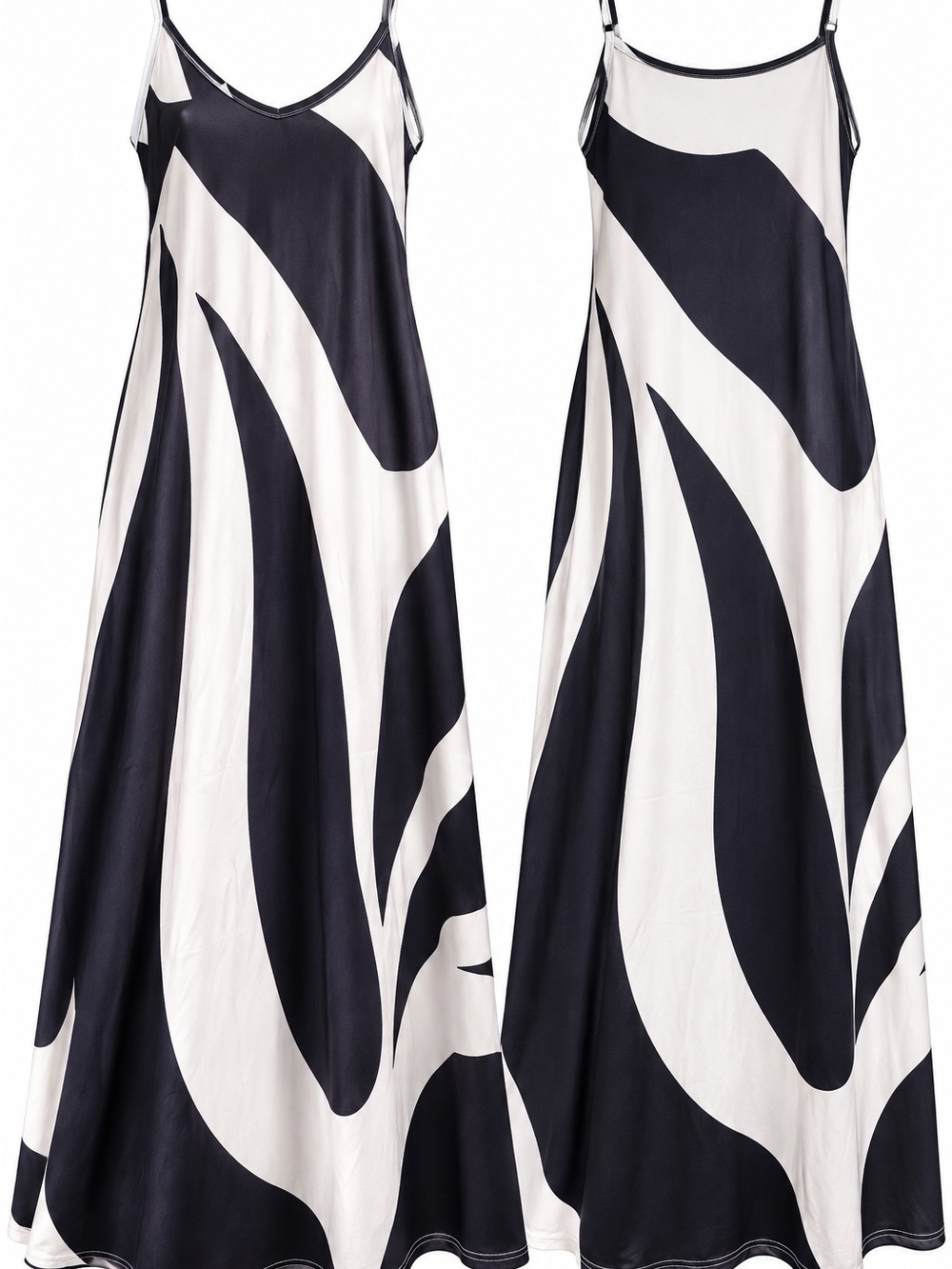 Black & Cream Abstract Print Maxi Dress XL Spaghetti Strap Flowy